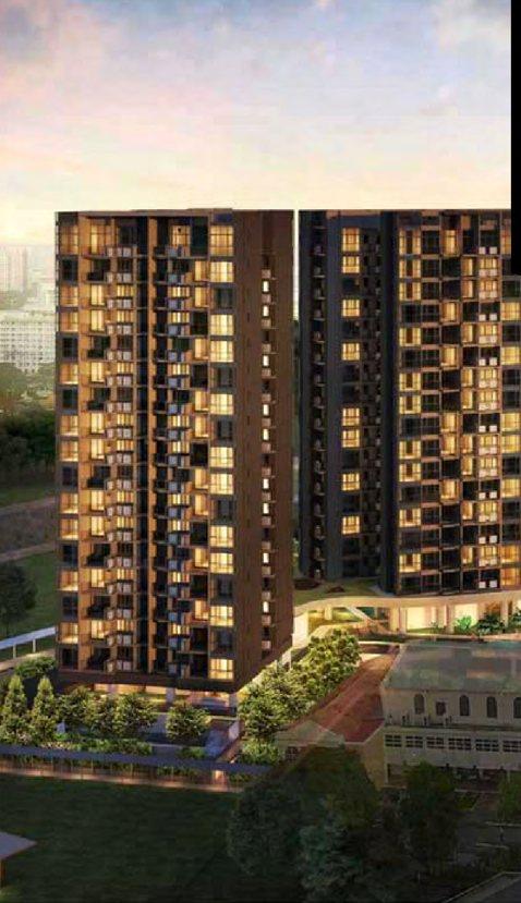 The Antares condominium towers at dusk