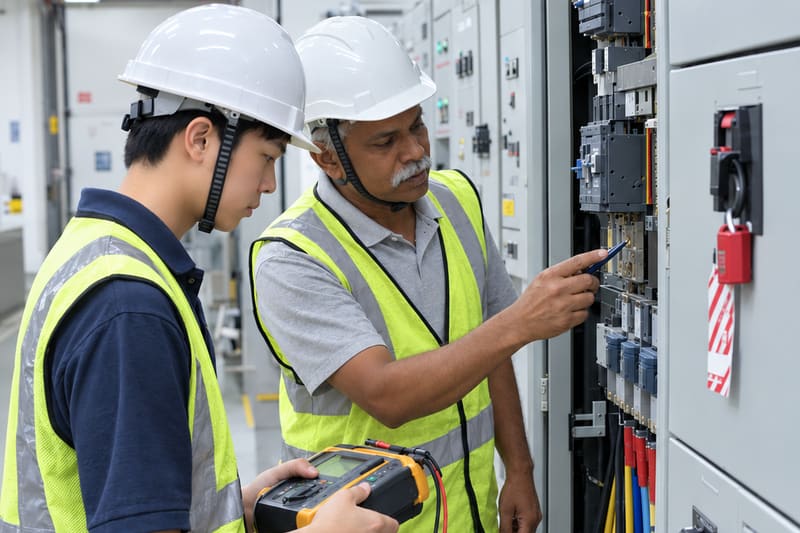 An experienced electrician points out a test point on an isolated switchboard while a young engineer holds an insulation tester